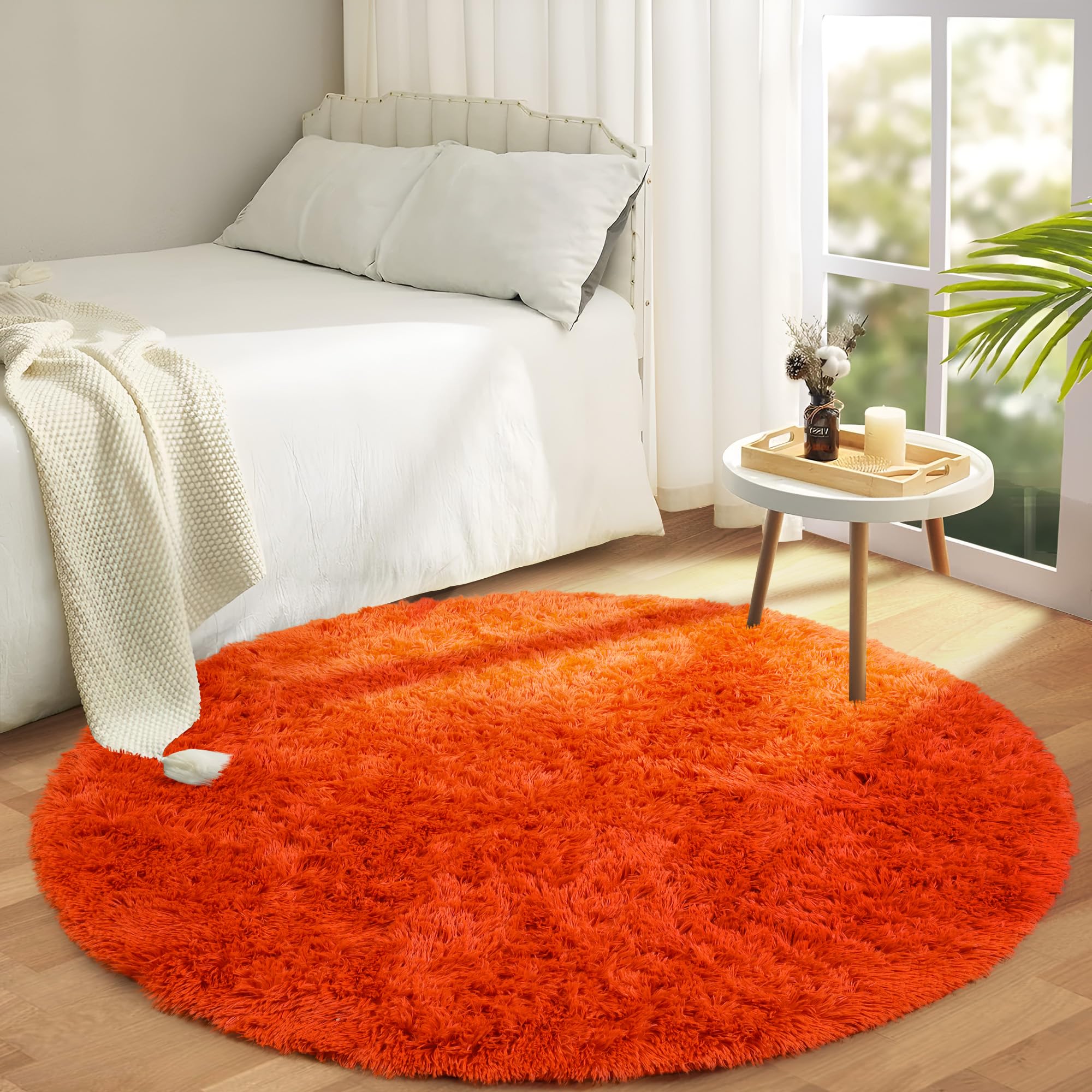 Aspire Homeware Round Rugs Living Room - Rust Area Rugs for Bedroom (120x120cm) Anti Slip - Modern Super Soft Thick Pile Small Fluffy Shaggy Rug Non Shedding