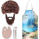 Kyson 80's Painter Costume 10 Pcs Brown Afro Wig Fake Whiskers Aprons Painting Brushes Set for Halloween Couple Cosplay