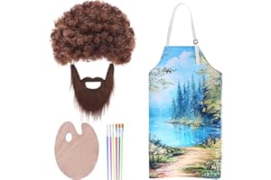 Kyson 80's Painter Costume 10 Pcs Brown Afro Wig Fake Whiskers Aprons Painting Brushes Set for Halloween Couple Cosplay