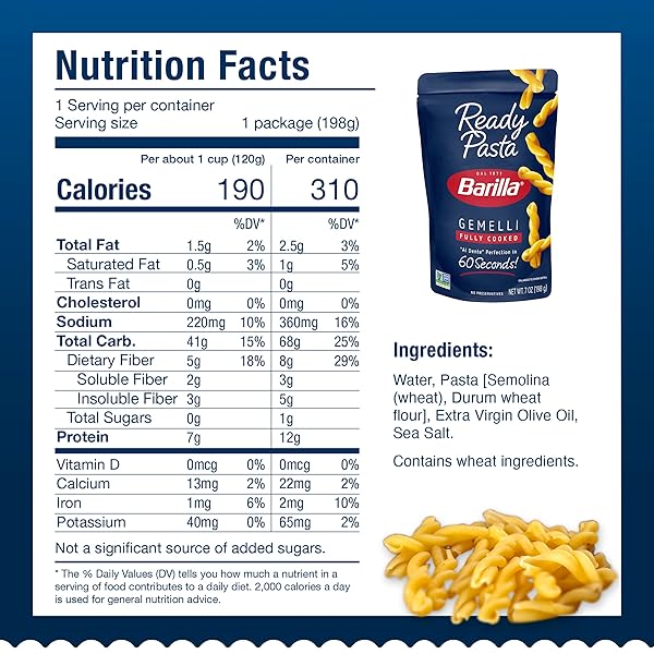 BARILLA READY PASTA, FULLY COOKED GEMELLI PASTA, NON-GMO & KOSHER, 7 OZ