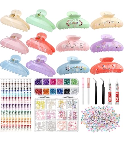DIY Hair Claw Clips Kit Acrylic Rhinestone Letter Bead Bow Star Bear Sticker Amazon.com : Yuxung 10 Sets DIY Hair Claw Clips Kit Acrylic  main image 2