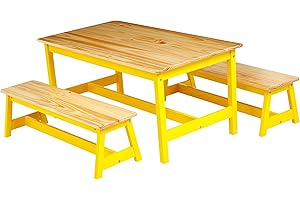 �鶹�� Basics Indoor Kids Table and Bench Set,Natural, solid pine wood, 3 Count (Pack of 1), Wood Activity Table for Art, Cra
