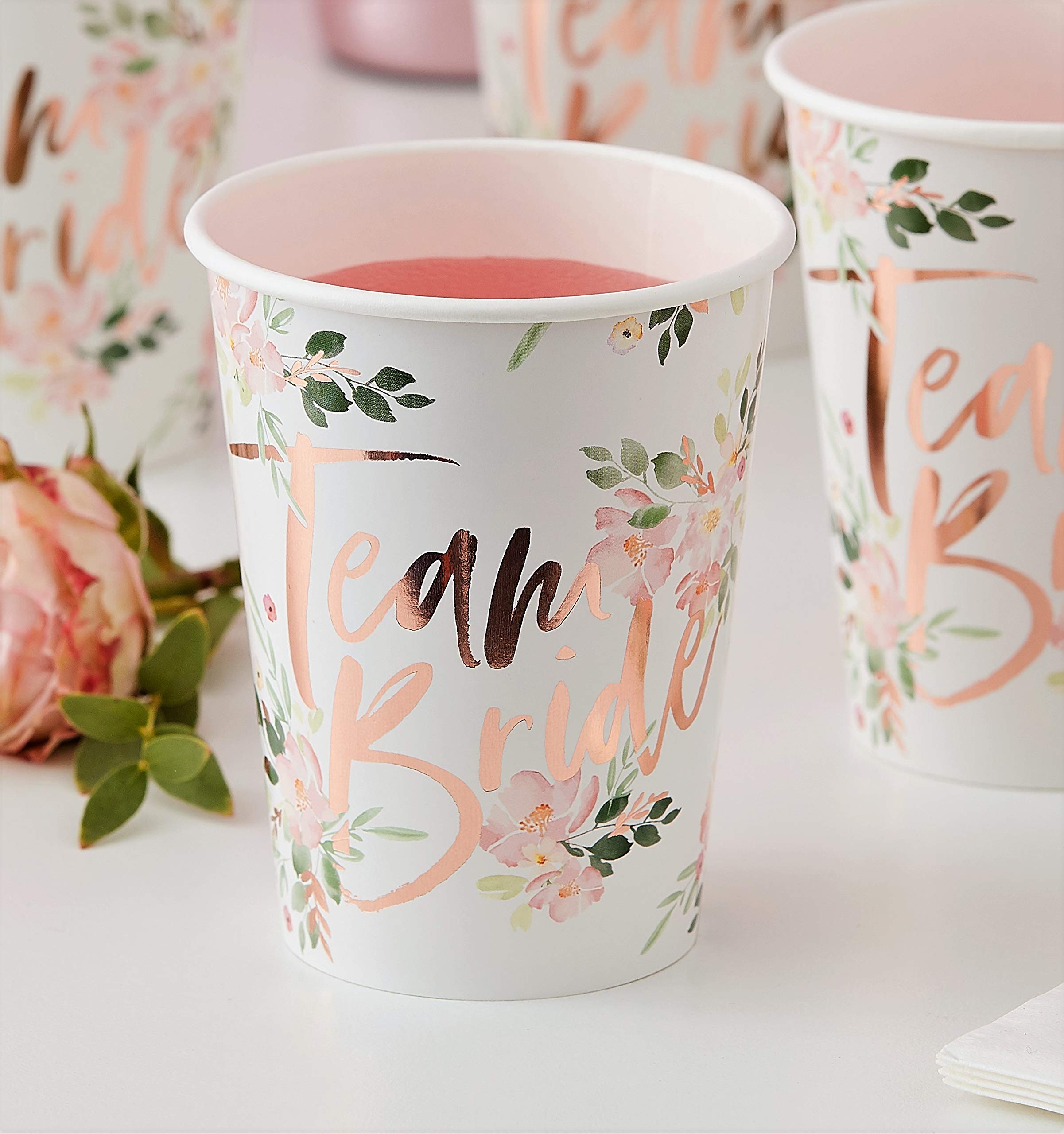 Ginger Ray Floral Rose Gold Foiled Team Bride Hen Party Paper Cups - Pack of 8 - Floral Hen