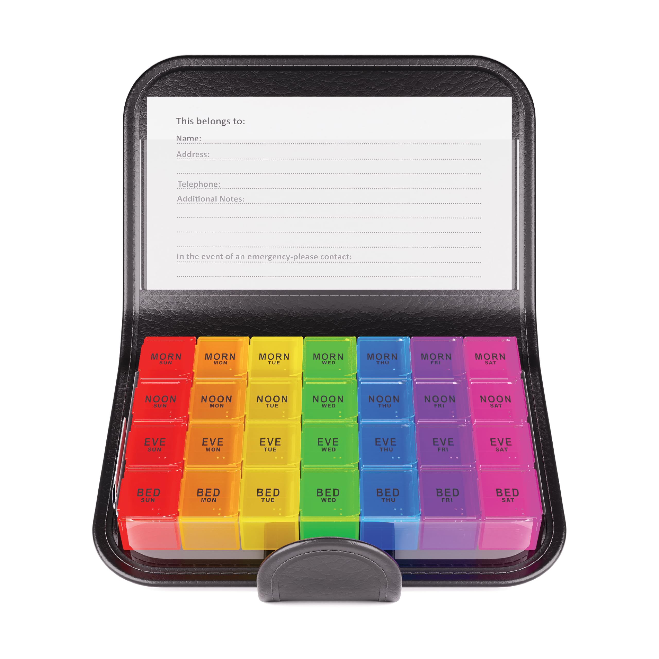 JFA Medical Weekly Small Travel Pill Box Organiser/Reminder for Medicines Supplements, Vitamins, 7days, 4 compartments per Day – Morning, Noon, Evening and Bed.