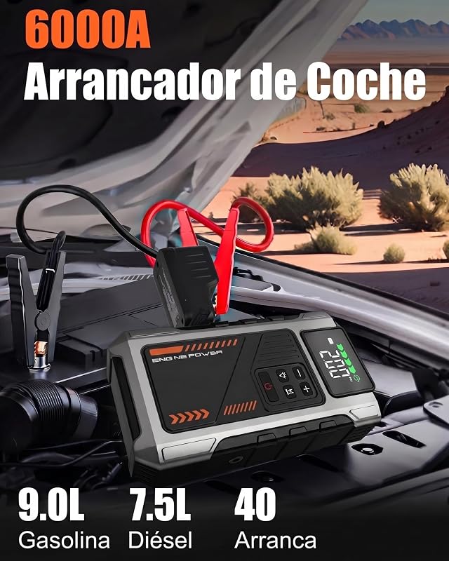 Motor de arranque da bateria do carro com compressor de 150 PSI, motor de arranque de 6000A (para gasolina 9.0L ou diesel 7.5L), amplificador de bateria de 12V com ecrã LCD, lanterna LED