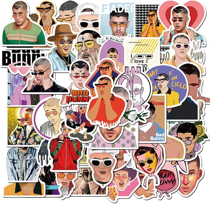 Pop Singer Bad Bunny Stickers 50PCS for Laptop and Water Bottles,Waterproof Durable Trendy Vinyl Laptop Decal Stickers Pack for Teens, Water Bottles, Computer, Travel Case (Bad Bunny)