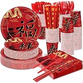 party greeting 175 Pcs Hibachi Party Decorations Japanese Party Supplies Includes hibachi Paper Plates Napkins Forks Spoons Chopstick for Chinese Japanese Themed Birthday Decorations Serves 25(Red)