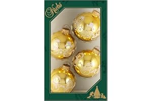 Glass Christmas Tree Ornaments - 67mm/2.63" [4 Pieces] Decorated Balls from Christmas by Krebs Seamless Hanging Holiday Decor (Golden Topaz with White Glitter Snowman Band)
