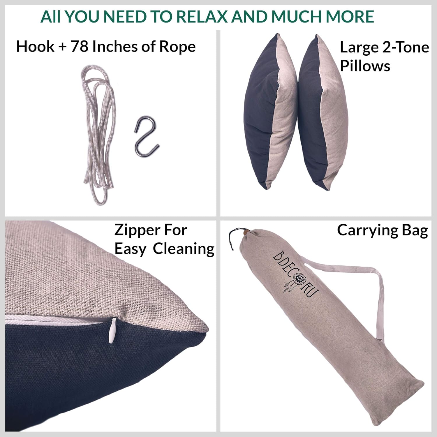 Bdecoru Hanging Hammock Chair Large Swing Chair | Sitting and Reclining Positions | 2-Layer Fabric for Extreme Durability | 2-Tone Beige and Gray Plus 2 Cushions and Side Pocket | Indoor/Outdoor Use: Furniture & Decor