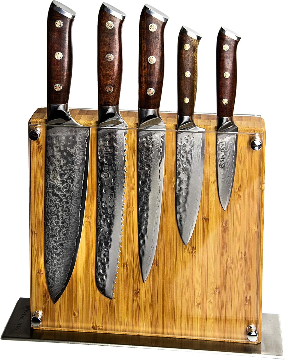 Stallion Damastmesser Ironwood Messerset - Messer aus Damaststahl und mit Griff aus Eisenholz inklusive Messerblock