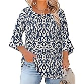 Rapbin Plus Size Tops for Women 3/4 Ruffle Sleeve Crew Neck Button Down Pleated Blouses Casual Fashion Tunic (1X-5X)