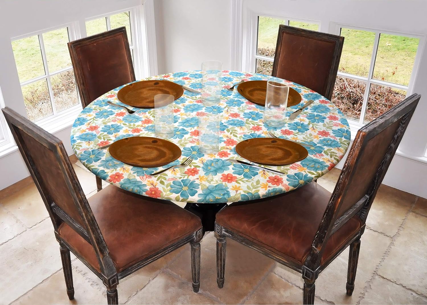 Covers For The Home Elastic Edged Flannel Backed Vinyl Fitted Table Cover - Multi-Color Geometric Pattern - Large Round - Fits Tables up to 45″ - 56” Diameter: Home & Kitchen