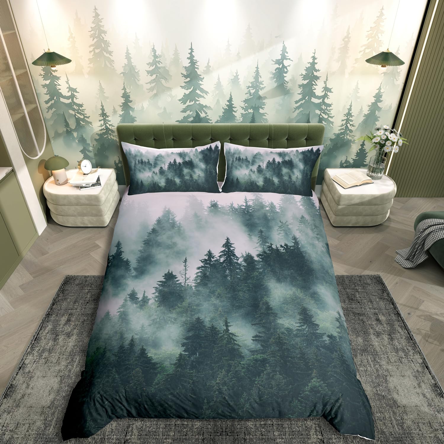 Smoky Mountain Duvet Cover Set Forest Trees Plants Bedding Set Natural Scenery Comforter Cover for Men Adults Landscape Painting Quilt Cover Woodland Decor Bedroom Collection 2Pcs Single Size