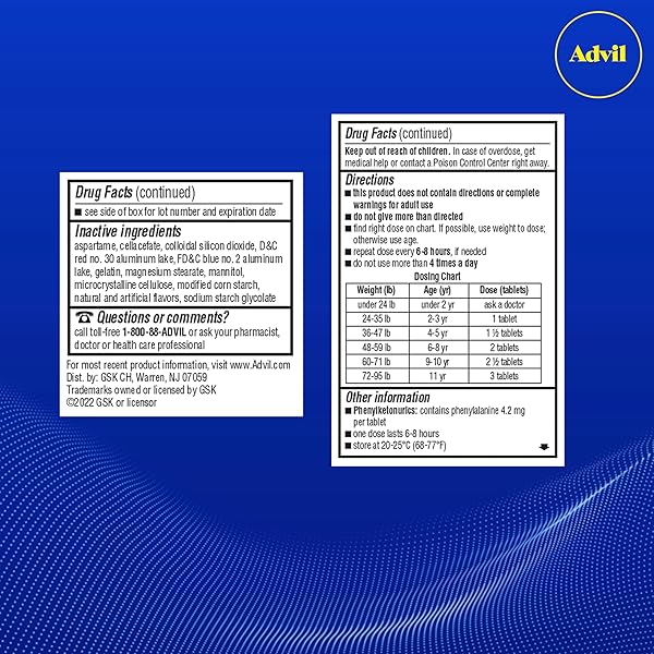 ADVIL JUNIOR STRENGTH CHEWABLE IBUPROFEN PAIN RELIEVER AND FEVER REDUCER, CHILDREN’S IBUPROFEN FOR PAIN RELIEF, GRAPE – 24 TABLETS