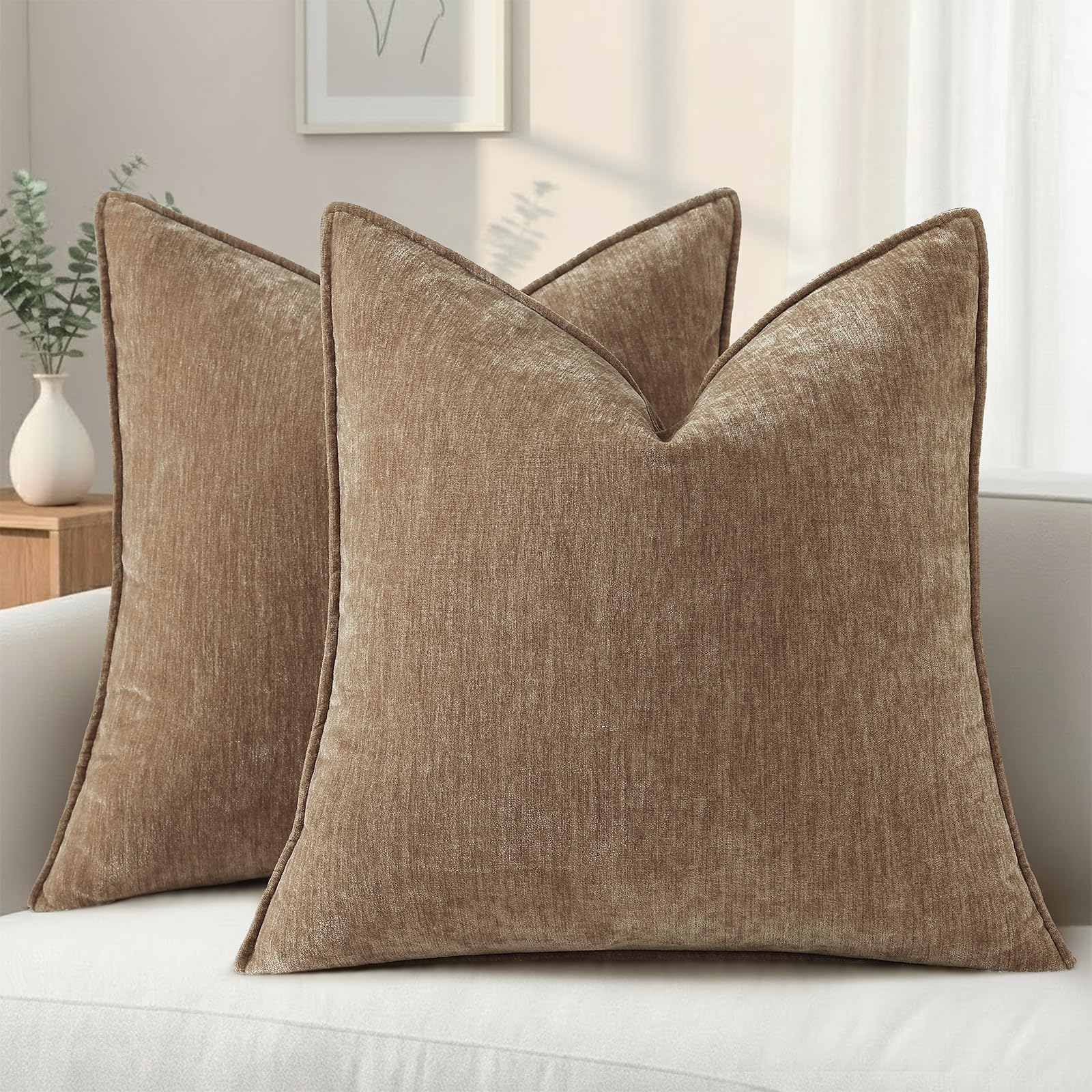 decorUhome Spring Couch Throw Pillow Covers 18x18 Set of 2, Decorative Soft Velvet Modern Cozy Chenille Pillow Cases with Elegant Design for Sofa Bed Living Room Home Decor, Brown