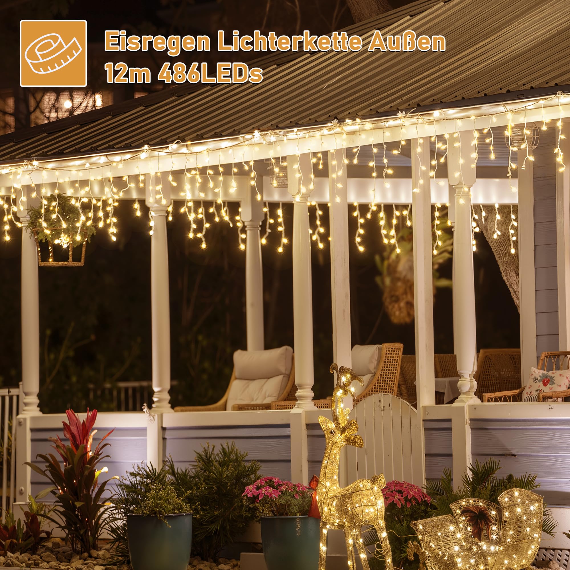 HeiPard Eisregen Lichterkette Außen 12m 486 LED Weihnachtsbeleuchtung Außen mit Stecker, 8 Leuchtmodi, Fernbedienung, Timer, Wasserdicht Lichtervorhang Aussen für Dachrinne, Geländer, Vorbau, Fenster 2