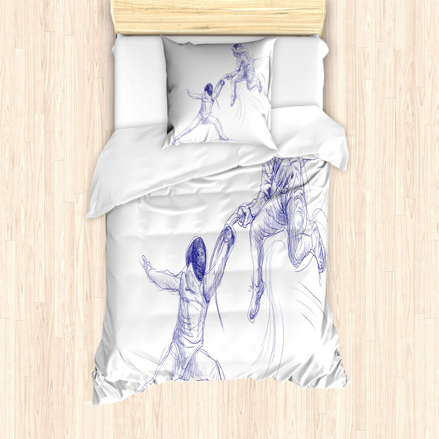 ABAKUHAUS Sports Fitted Sheet, Fencing Duel Sketchy, Decorative 2 Piece Bedding Set with 1 Pillow Sham, 135 cm x 200 cm - 80 x 80 cm, Violet Blue White