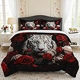 WeCozy Queen Size Comforter Set with 2 Pillowcases, White Tiger Wild Animal 3 Pcs Bedding for Kids and Adults, Beautiful Red Rose Flower Soft Comforter Set for Bedroom Bed Decor