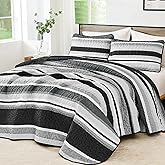 WONGS BEDDING Queen Quilt Bedding Set, 3 Pieces Black Striped Bedspread Coverlet Set, Lightweight Summer Quilts Queen Size for Bed 96"x90"
