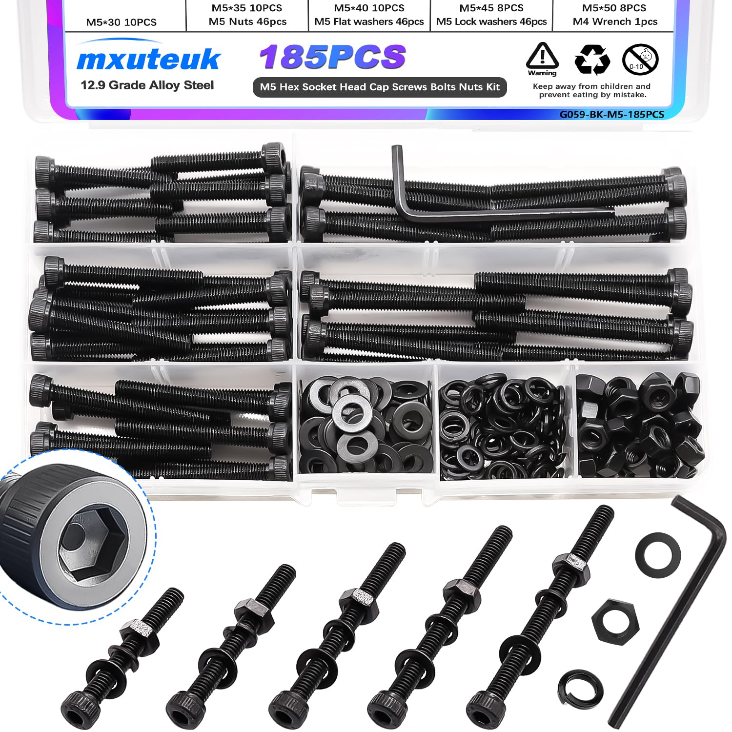 Photo 1 of mxuteuk 185PCS M5 Screws Assortment Set, M5 Hex Socket Head Cap Screws Bolts Nuts Kit, 12.9 Grade Alloy Steel Bolts with Hex Wrench