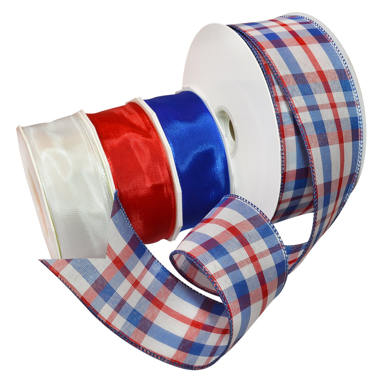 Morex Ribbon Patriotic Plaid Ribbon, Mixed Widths, 132 Yds, Red/Silver/Blue