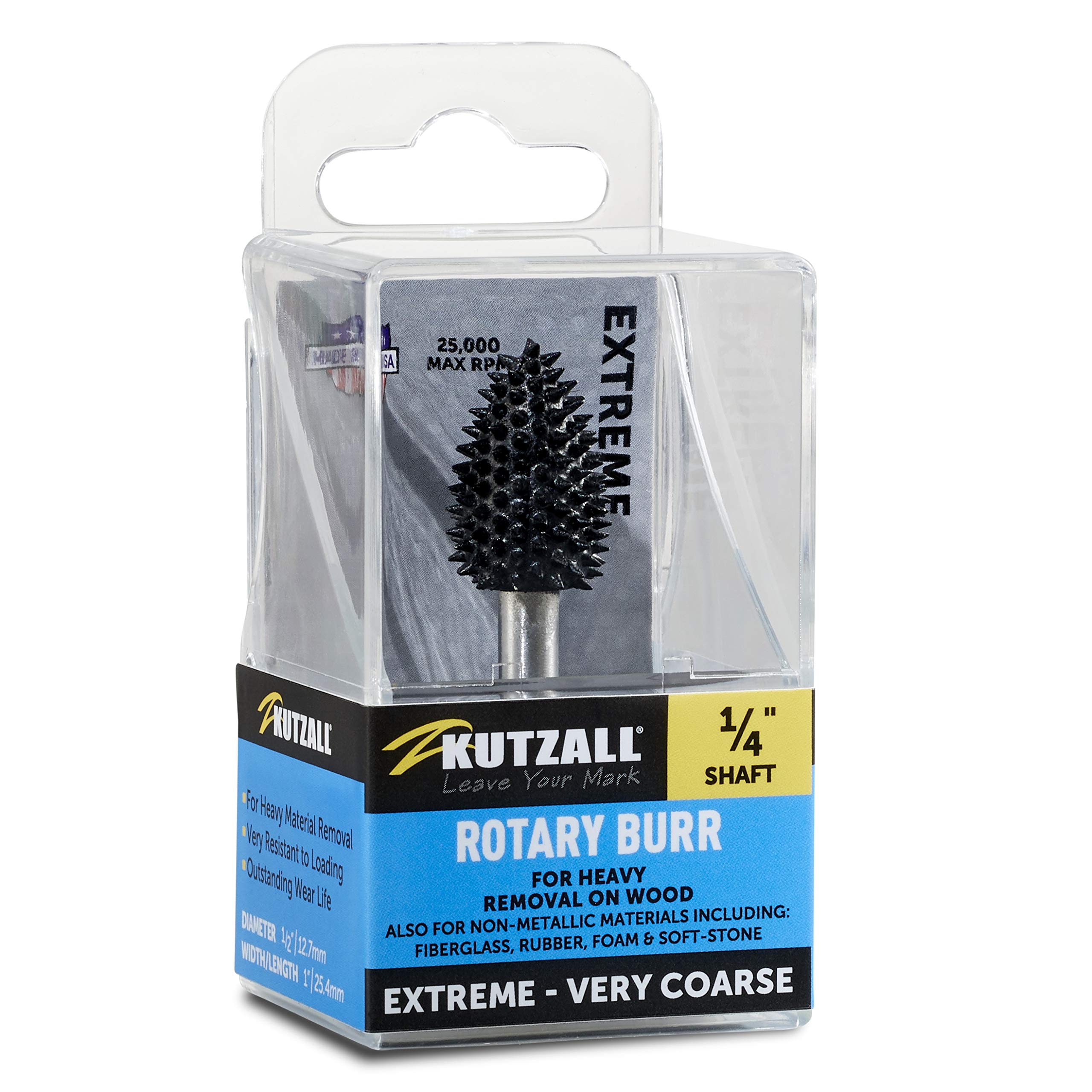 Kutzall Extreme Flame Rotary Burr, 1⁄4" Shaft, Very Coarse - Woodworking Attachment for Bosch, DeWalt, Milwaukee, Makita. Abrasive Tungsten Carbide, 1⁄2" (12.7mm) Dia. X 1" (25.4mm) Length, FLX-12C