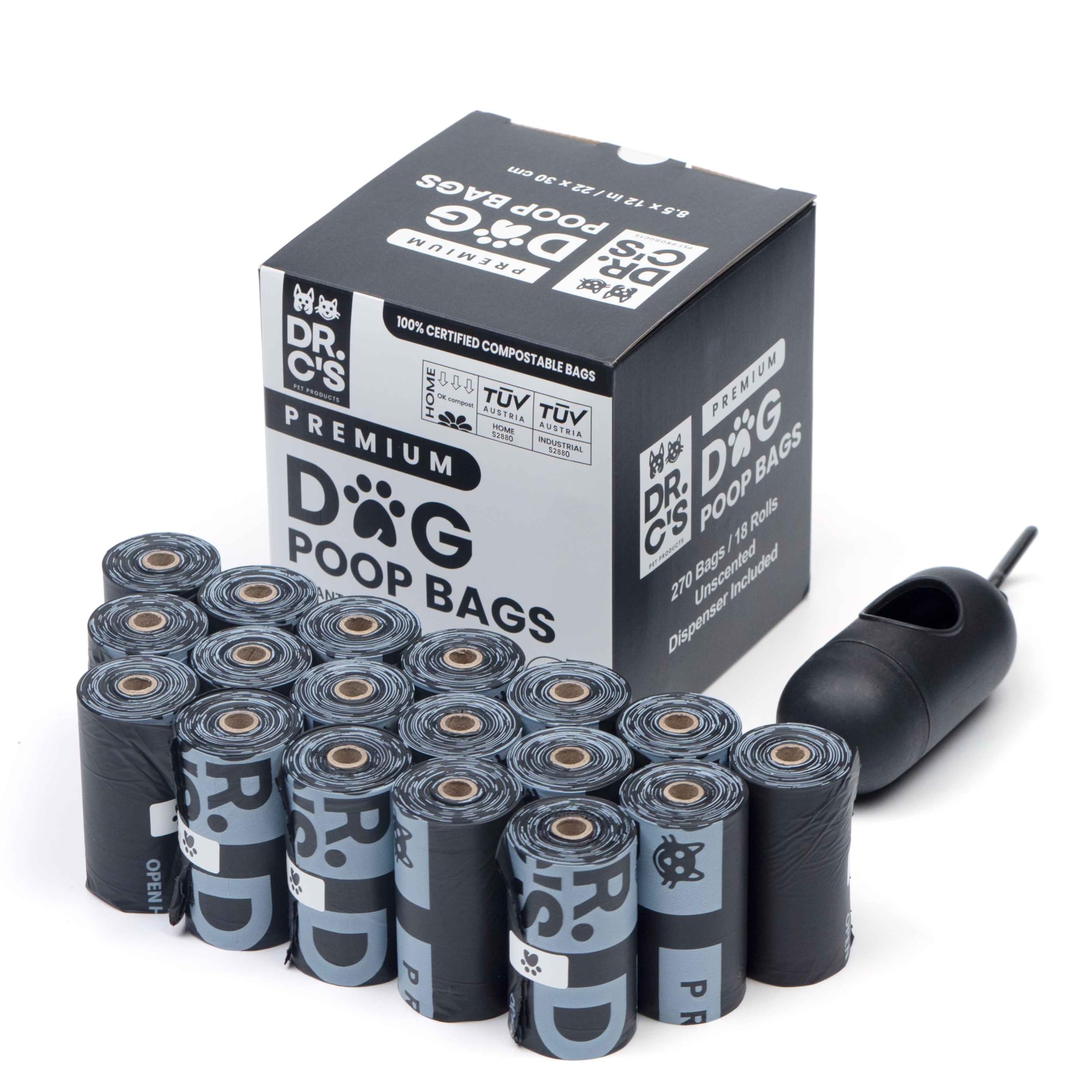 Photo 1 of 100% Certified Compostable Dog Poop Bags - Dr. C's Premium Dog Poop Bags - 270 Bags / 18 Rolls, Extra thick, Leak Proof, Unscented, Plant Based and Earth Friendly, Dispenser Included, USA Owned