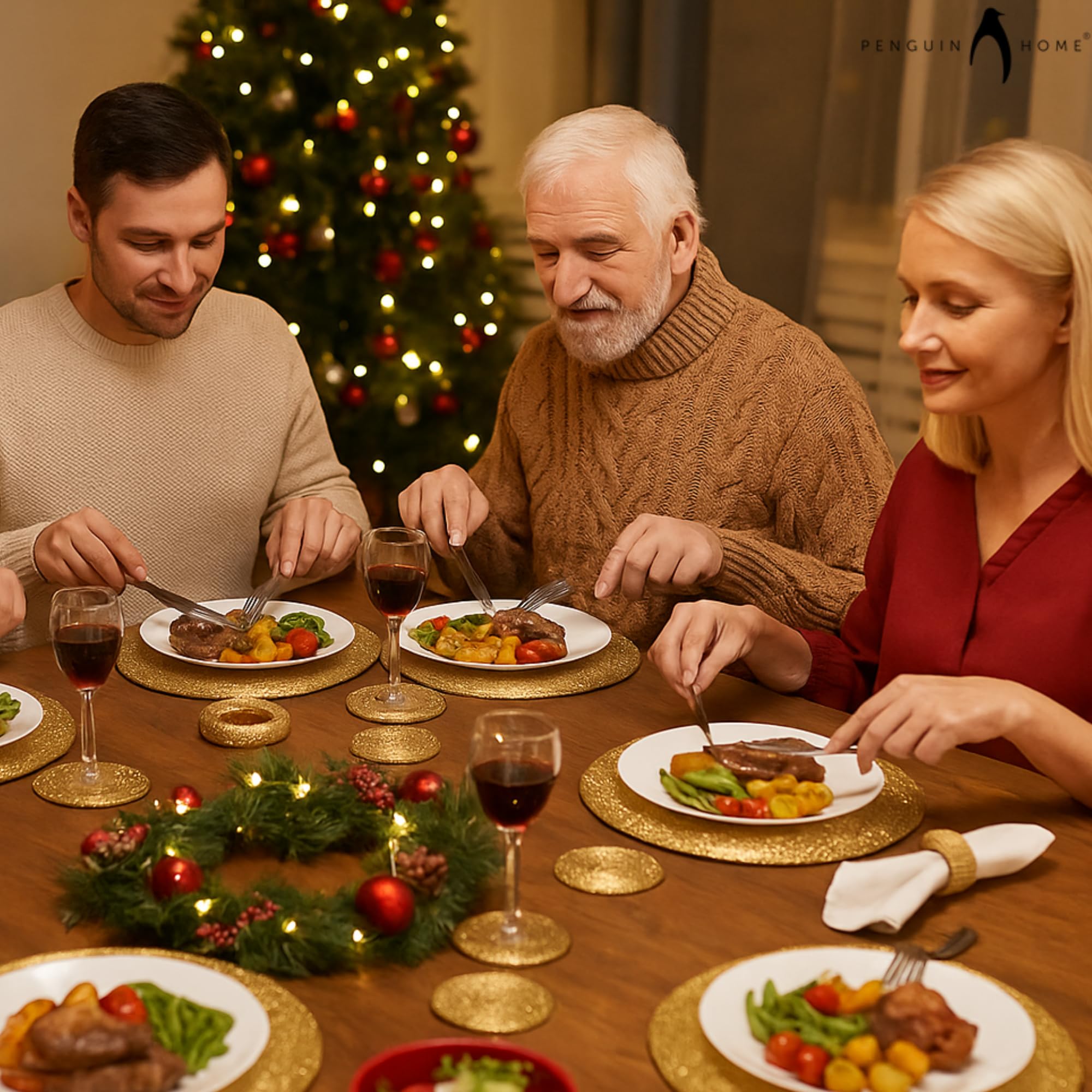 Penguin Home Handcrafted Glass Beaded Round Placemats, Coasters & Napkin Rings Set of 12 - Handmade Table Place Mats for Dining - 32 cm (13") Diameter (Gold)