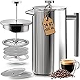 KICHLY 34 OZ French Press, Stainless Steel Double Walled Insulated Coffee Press with Refined Filters, Espresso and Tea Maker 