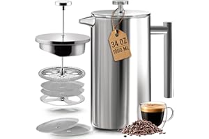 KICHLY 34 OZ French Press, Stainless Steel Double Walled Insulated Coffee Press with Refined Filters, Espresso and Tea Maker 