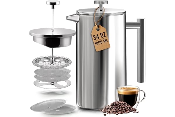 KICHLY 34 OZ French Press, Stainless Steel Double Walled Insulated Coffee Press with Refined Filters, Espresso and Tea Maker