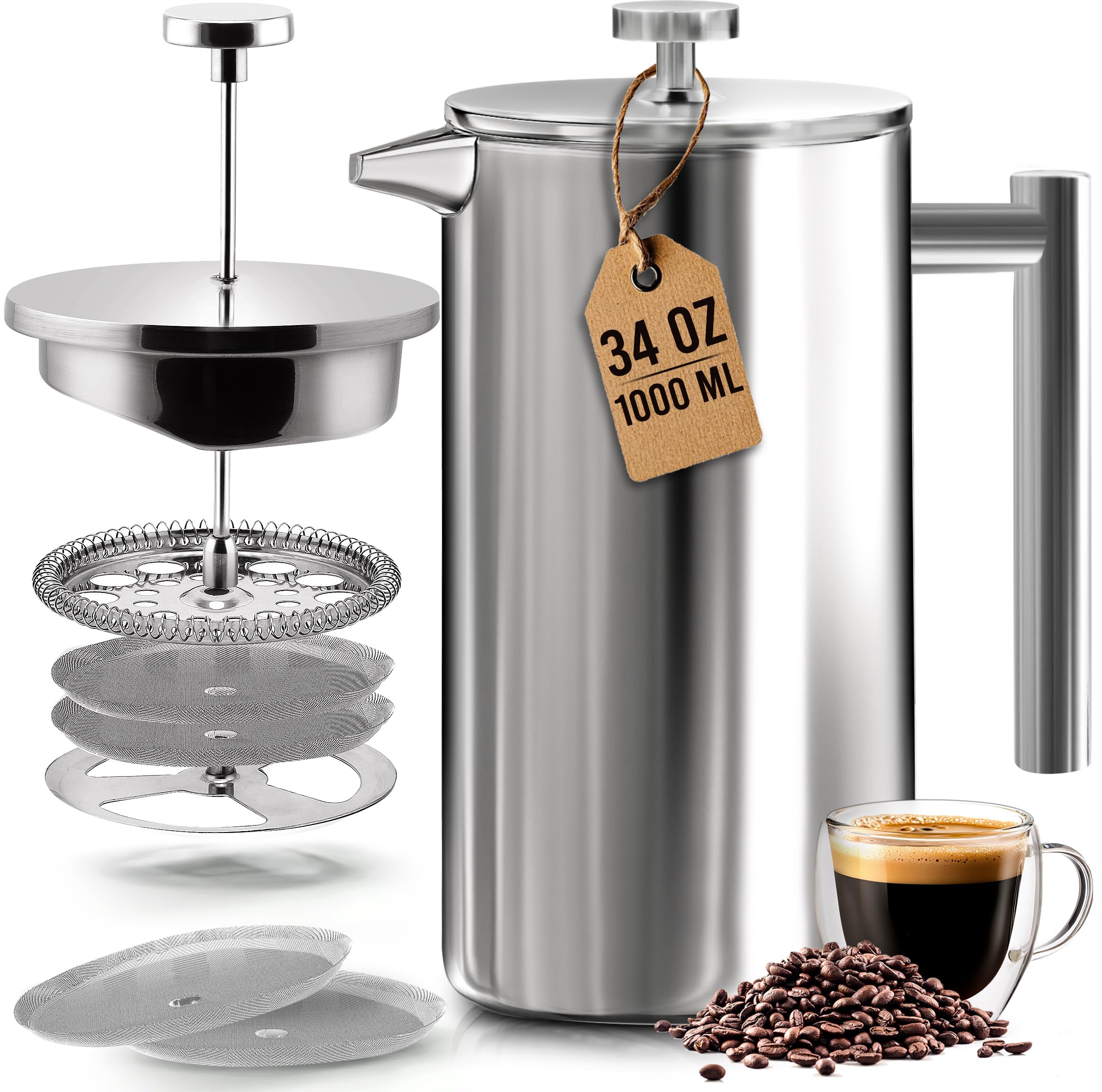 Utopia Kitchen French Press Cafetiere - 1000 ml/1 Liter - Double Wall Coffee Plunger - 100% Stainless Steel - by