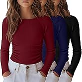 LessonZoo 3 Pack Girls Long Sleeve Shirts Ribbed Knit Draw Pleats Tops Slim Fit Crew Neck Cotton Undershirts Cute Sizes 5-14
