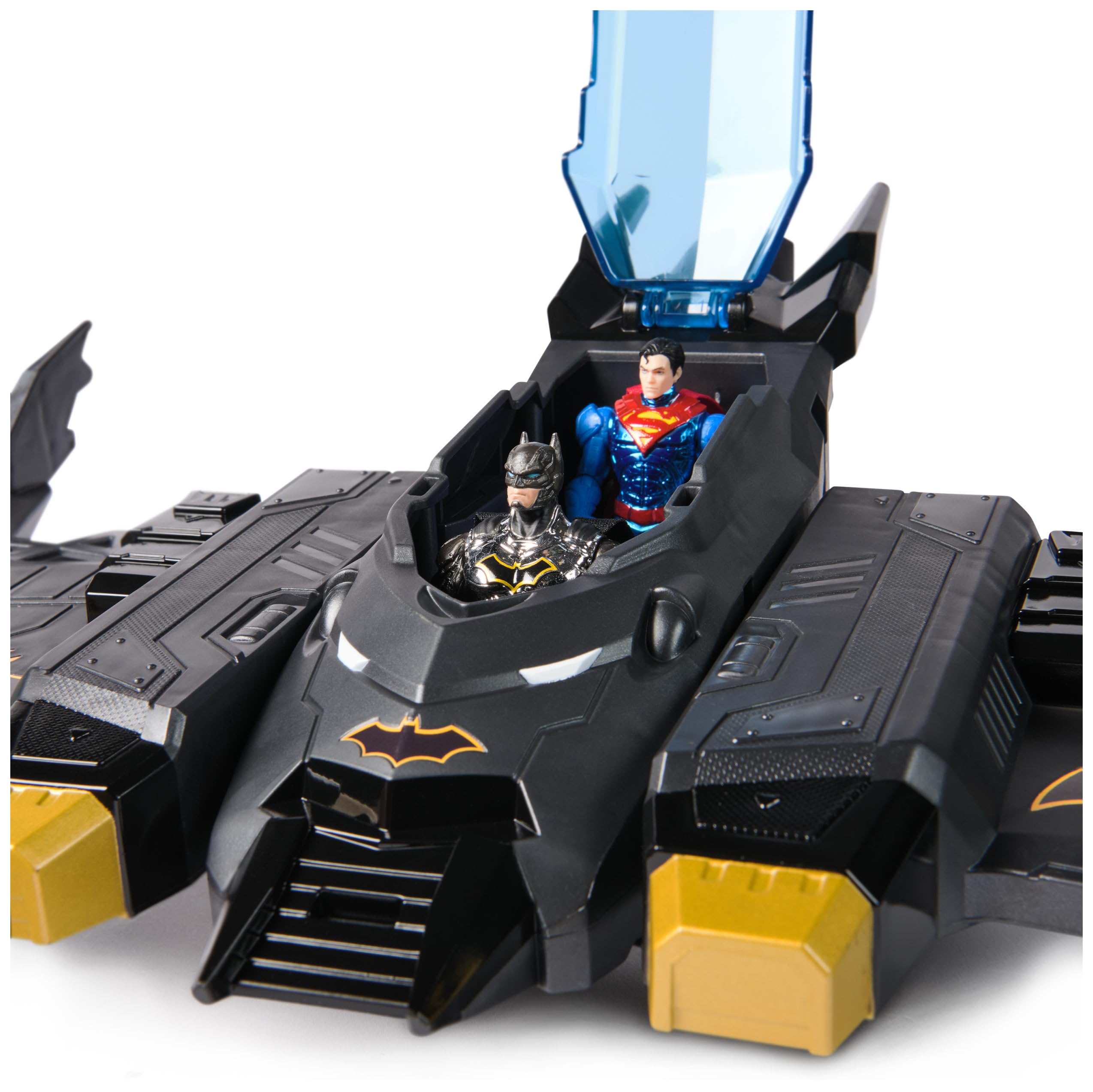 DC Comics, Metal Force Transforming Batwing, 2-in-1 Playset, Includes Batman and Superman Figures, with Projectiles and Character Cards, Kids Toy for Boys Ages 4 and Up