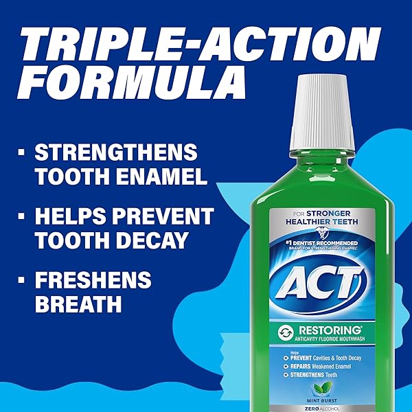 ACT RESTORING ZERO ALCOHOL FLUORIDE MOUTHWASH 33.8 FL. OZ. STRENGTHENS TOOTH ENAMEL, MINT BURST