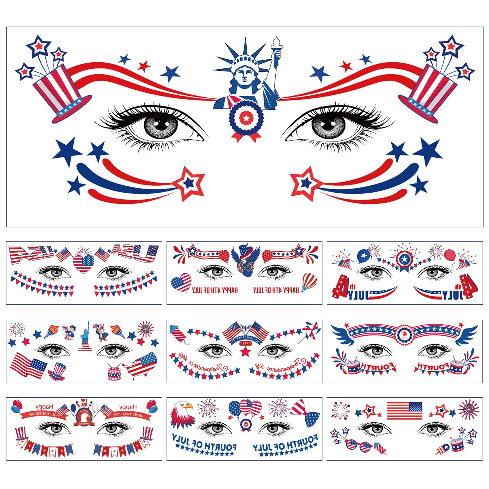 Photo 1 of 4th of July Face Tattoos,Fourth of July Face/Eye MakeupTemporary Tattoo Stickers,Red White and Blue American Flag Fake Tattoos Stickers for USA Independence Day Patriotic Parades Supplies-10 Sheets