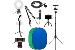 VLOGTECH Vlogging Kit for iPhone, Desktop, Android, 18" 5ft+ Ring Light, Microphone & Boom arm, 6.5ft Background Blue & Green Screen, Portable Vlogging Kit, 1080p Webcam, and Many More! $300+ Value