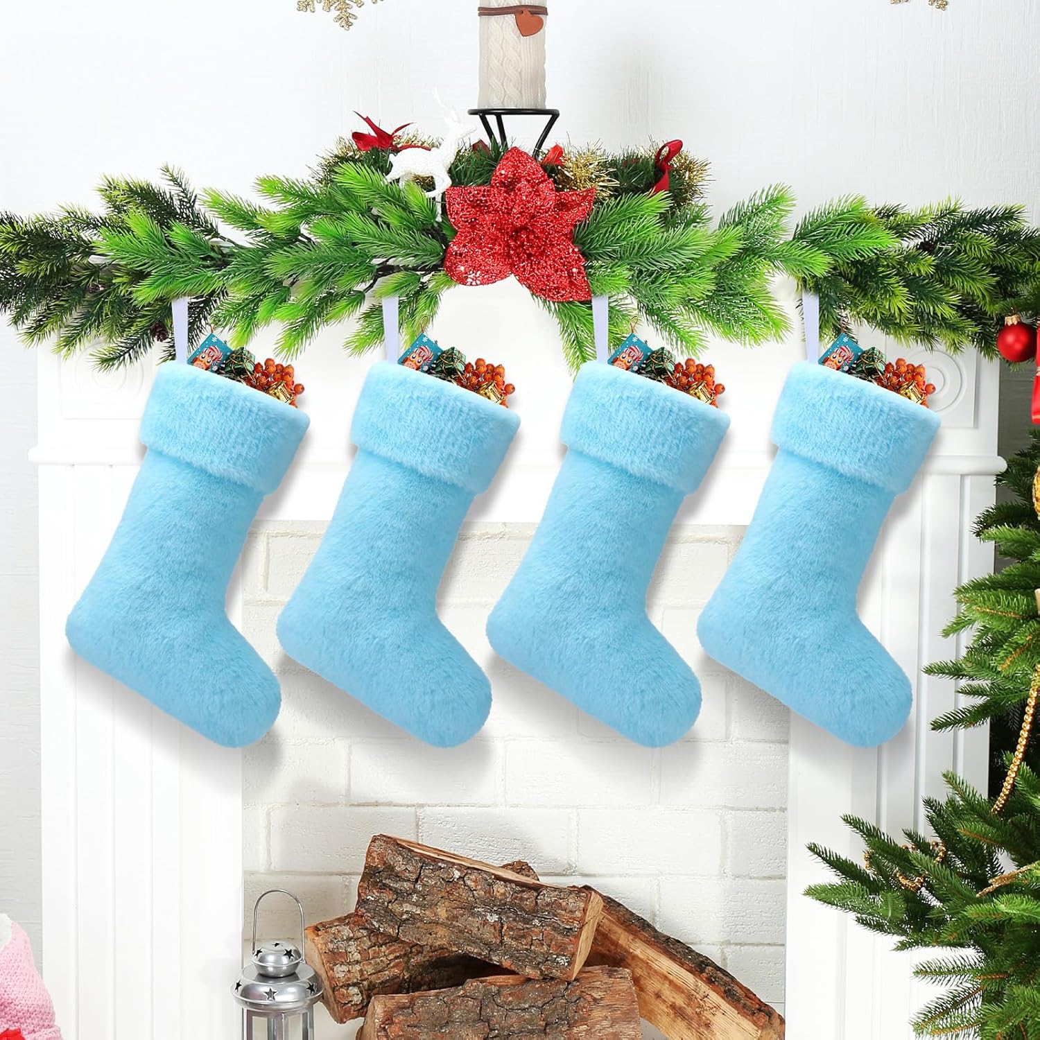 Stockings & Holders - JOVITEC 20 Inch Faux Fur Christmas Stockings Snowy Stocking Xmas Fireplace Hanging Stocking for Holiday Decoration (Blue,4 Pieces)