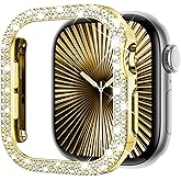 KADES Bling Case Compatible with Apple Watch Series 6 5 4 SE 44mm, Double Diamond PC Bumper Full Protective Face Cover for Women, Sparkling Rhinestone 44mm, Gold