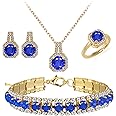 4pcs Cubic Zirconia Wedding Jewelry Sets for Bride Bridesmaid Cubic Zirconia Pendant Necklace Earrings Link Tennis Bracelet Open Ring Set for Women