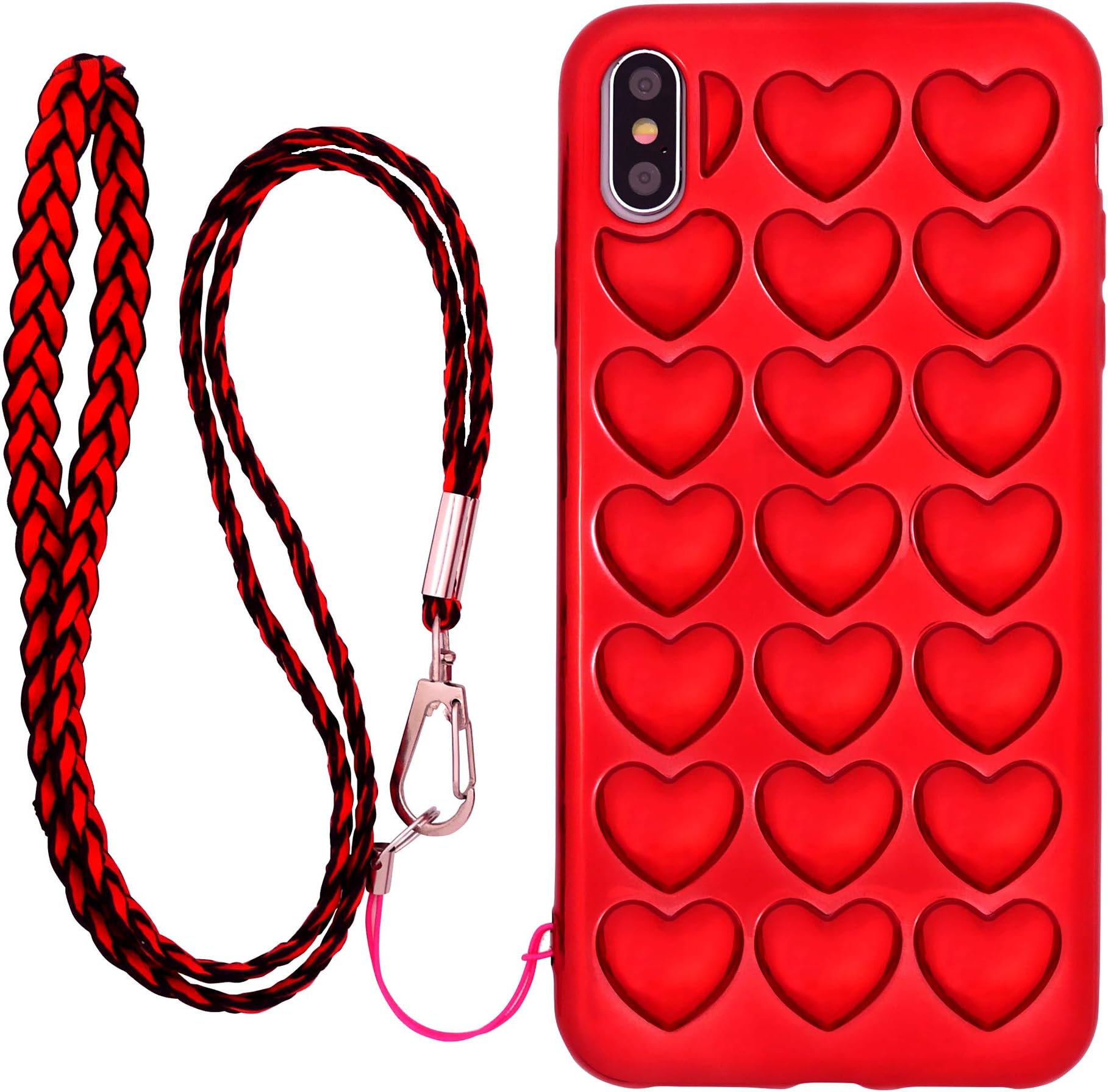 iPhone 8 Case for Women, iPhone 7 Case for Girl, DMaos 3D Bubble Heart Cover with Lanyard Strap Necklace, Cute Girly for iPhone8 iPhone7 4.7 inch - Red