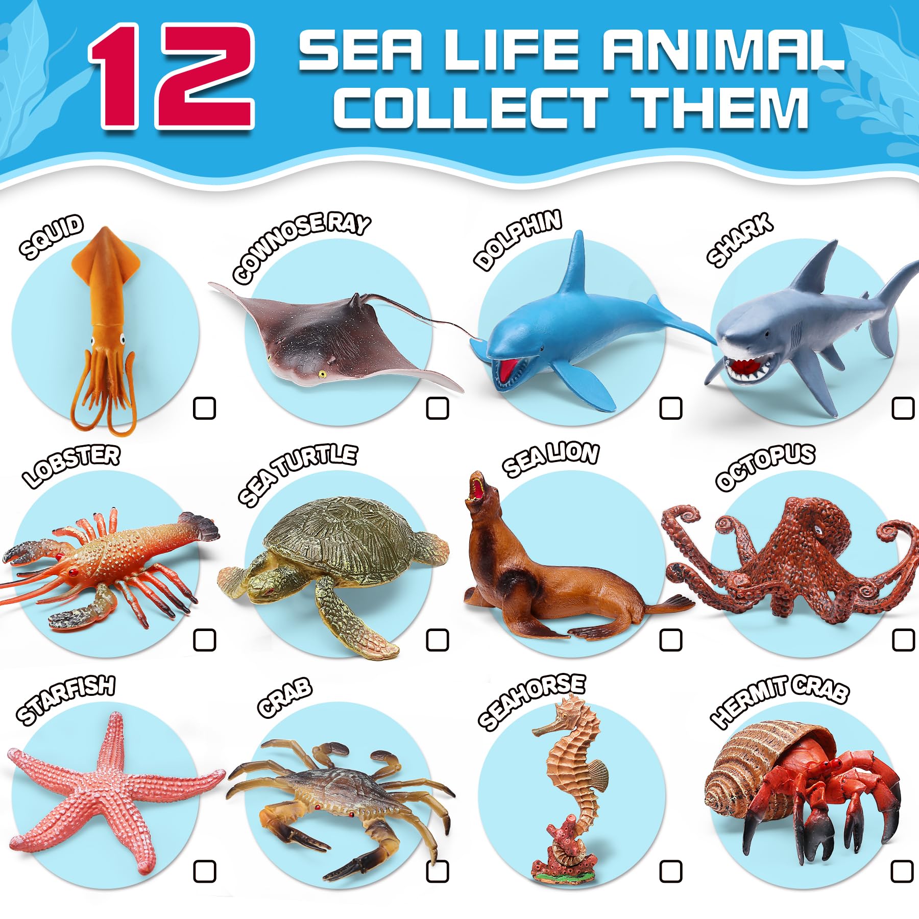 12 Pack Ocean Animal Toys with Educational Booklet for Kids, Realistic Soft Plastic Creatures Model Figures for Toddler Boys Girls, Under the Sea Party Favor, Birthday Gifts Water Table Toy