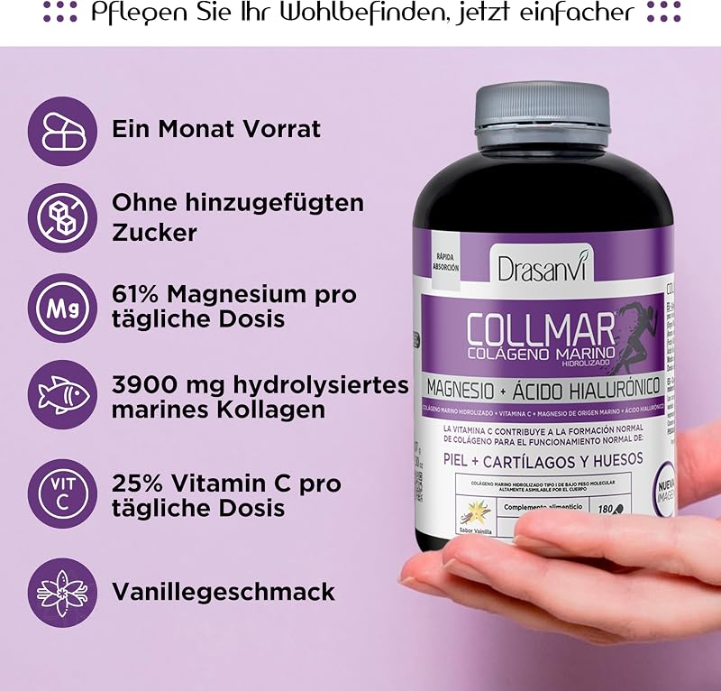 COLLMAR HYDROLYSIERTES KOLLAGEN mit Hyaluronsäure, Magnesium und natürlichem Vitamin C - Knochen und Gelenke - Marine Kollagen 3.900 mg/Tag | 180 Tabletten = 30 Tage | Vanillegeschmack