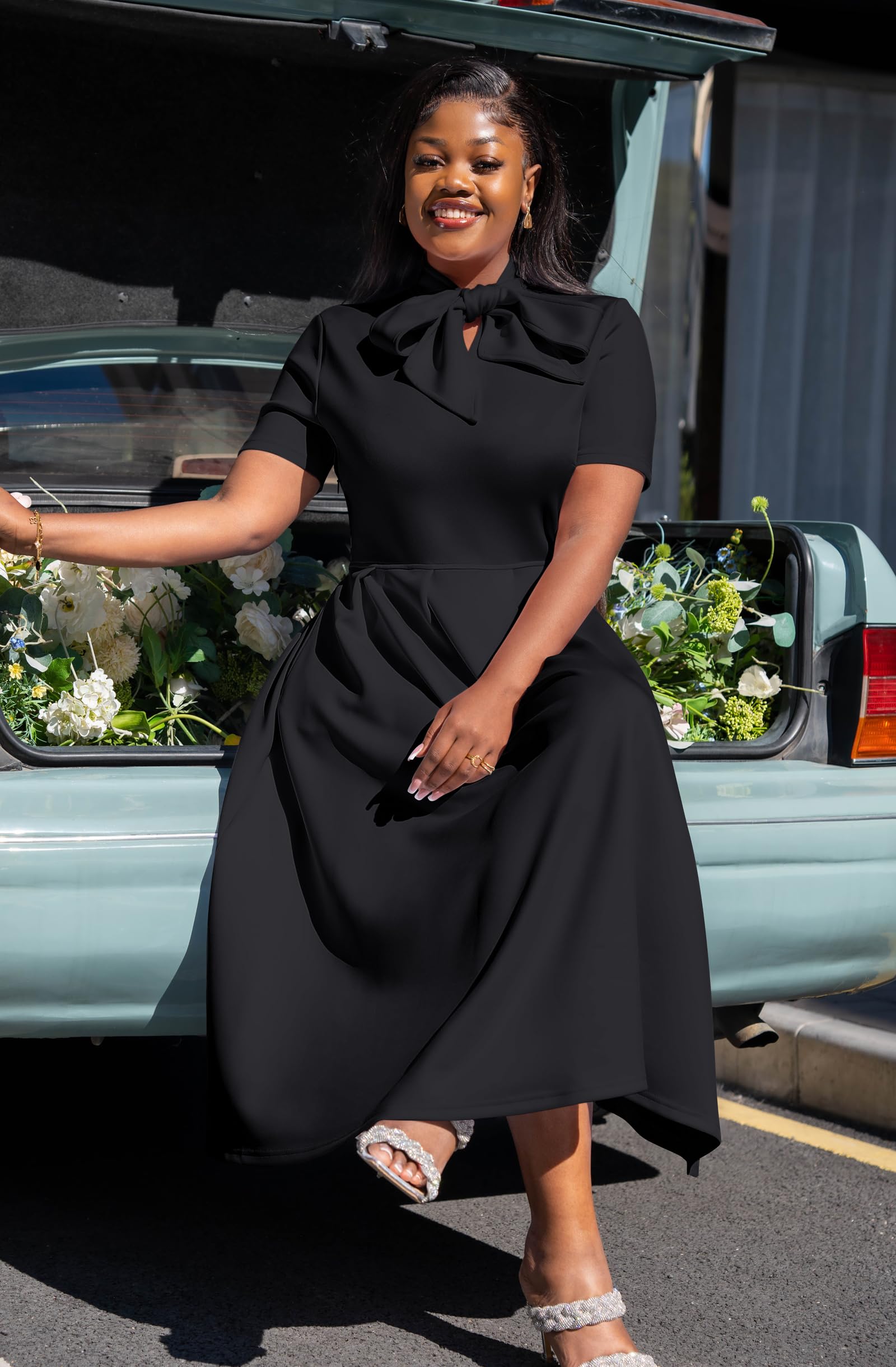 Memoriesea Women's Elegant Casual Short Sleeve Work Party A-Line Dress with Pockets