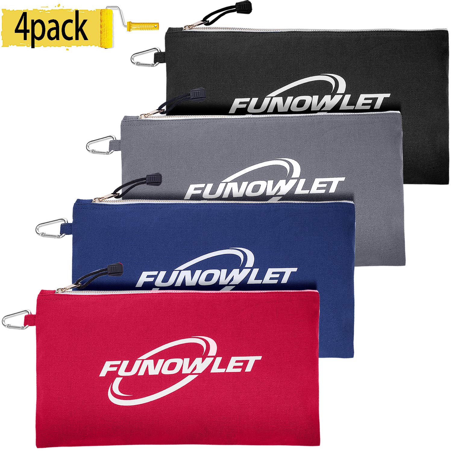 Canvas Zipper Utility Tool Bag - 4 Pack Great Quality Heavy Duty Metal Zippers Tool Pouch with Carabiner, Well Made Organizer Clip on Tote Bags in Blue, Black, Gray, Red