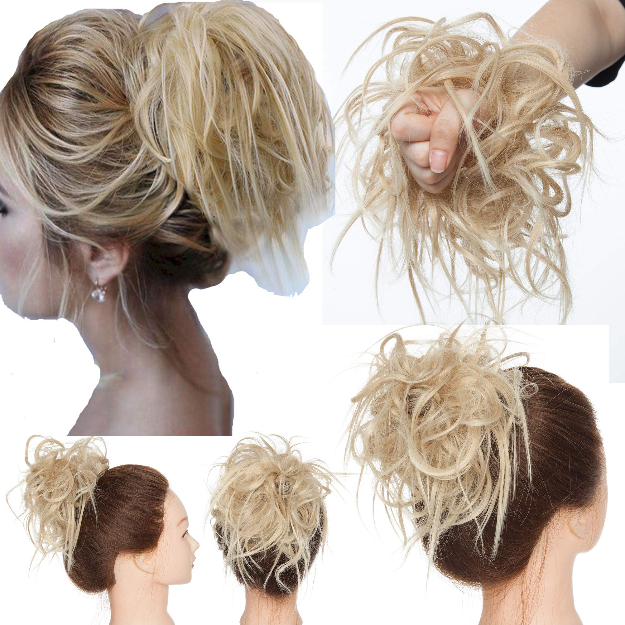 Tousled Updo Messy Bun Hair Piece Scrunchies Hair Synthetic Wavy Bun Extensions Fluffy Updo Scrunchy Chignon with Elastic Rubber Band Wrap on Donut Ponytail Hairpieces Brown Blonde Highlight