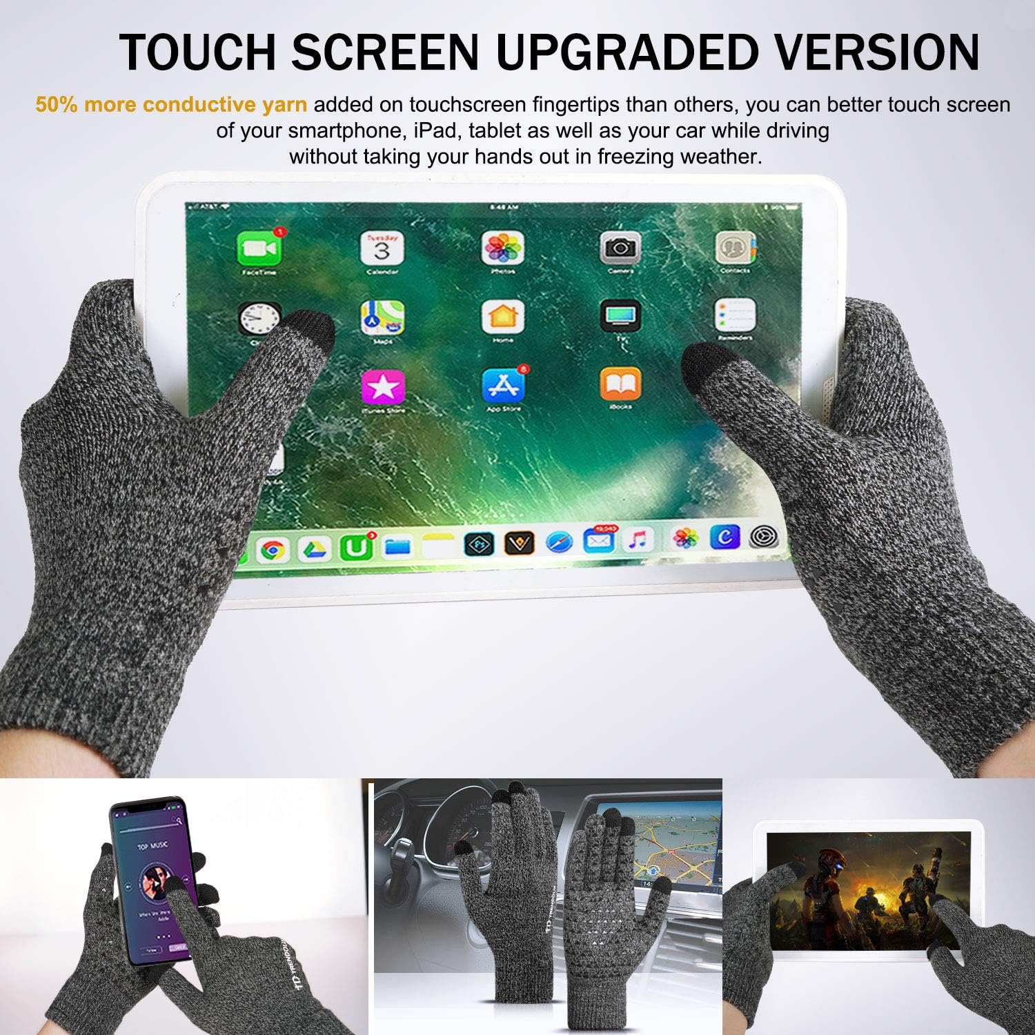 TRENDOUX Winter Gloves for Men and Women - Upgraded Touch Screen Anti-Slip Silicone Gel - Elastic Cuff - Thermal Soft Wool Lining - Knit Stretchy Material: Clothing