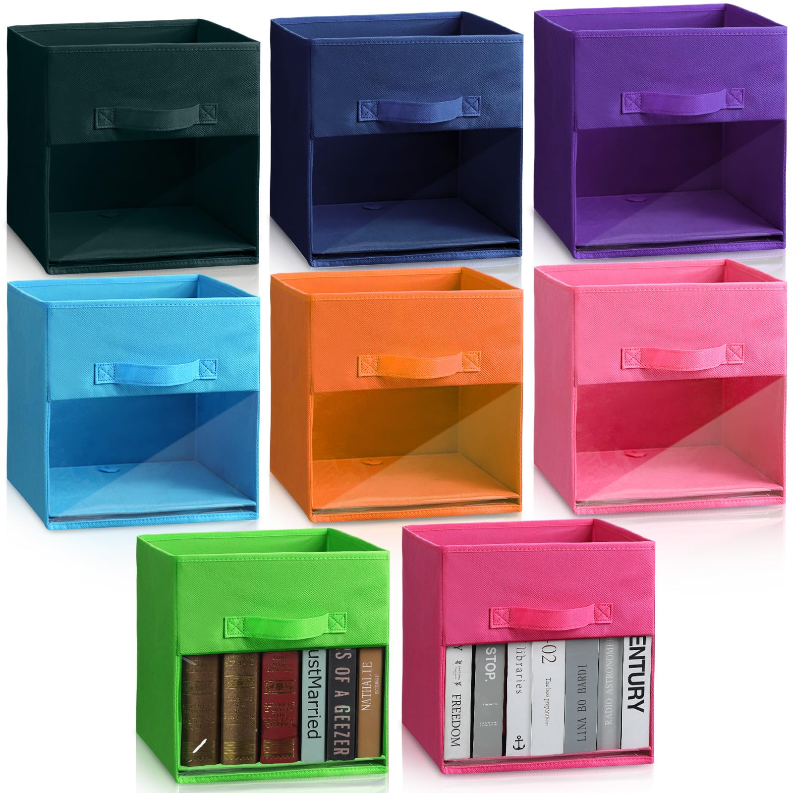Photo 1 of Windyun 8 Pcs 11 Inch Foldable Fabric Cube Storage Bins Colored Cubby Toy Box with Clear Window & Front Handle Collapsible for Daycare Nursery Playroom Classroom Closet Shelf Cloth Book Organizer