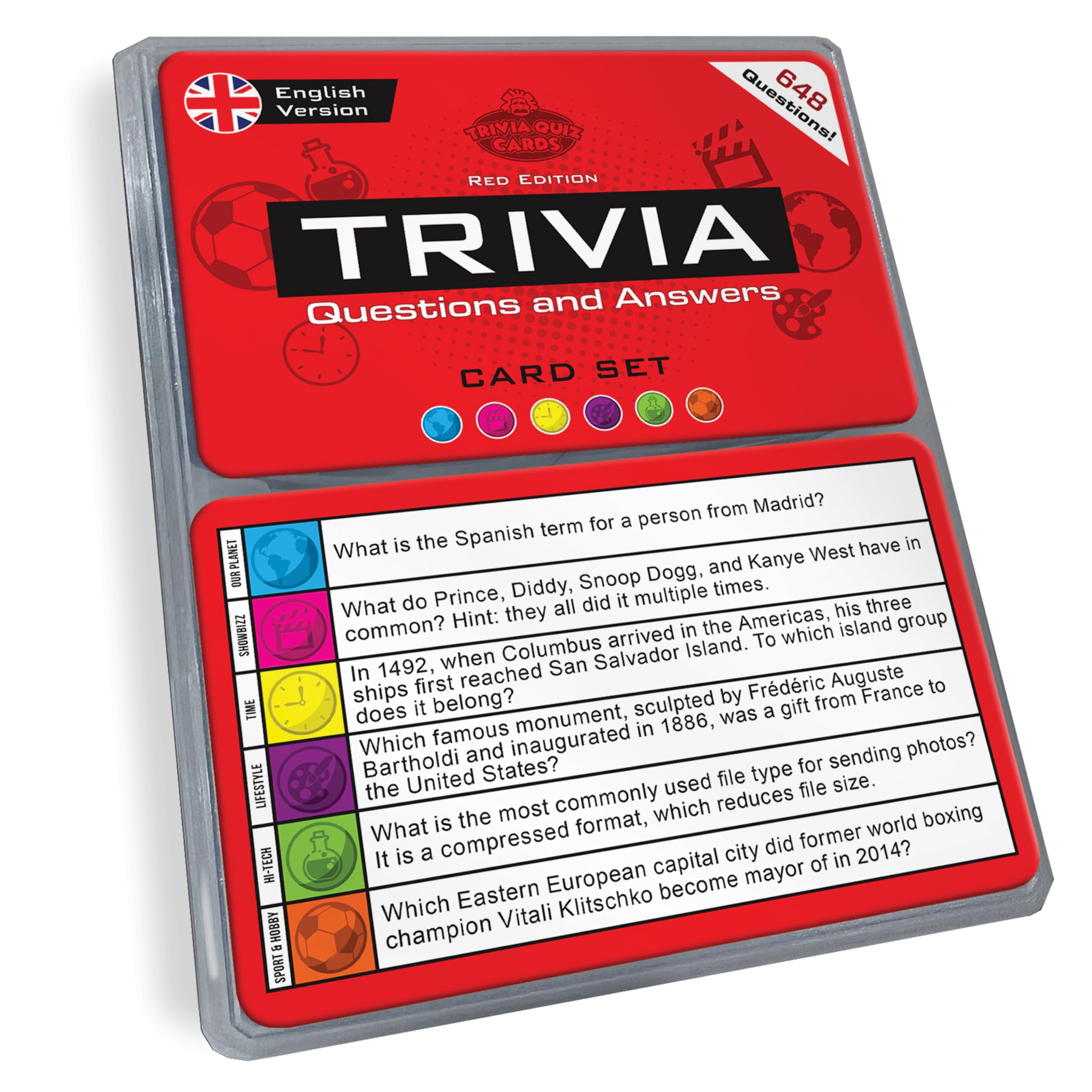 Trivia Quiz Cards Set (English Edition) | 648 Unique Question Cards from 6 Categories in a Travel Box | Pub Games for Adults, & Fun Party Game for Friends & Families (Red Edition)