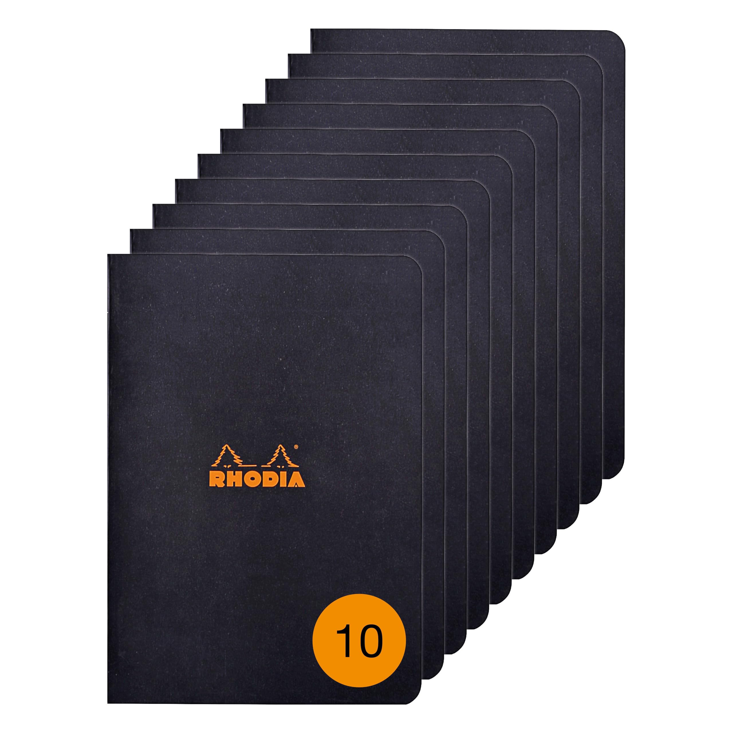Rhodia 119189Cpack - A pack of 10 Black Staplebound Notebooks - A5 - Ruled - 96 pages - Clairefontaine White 80 g/m² paper - Soft Waterproof Coated Card Cover